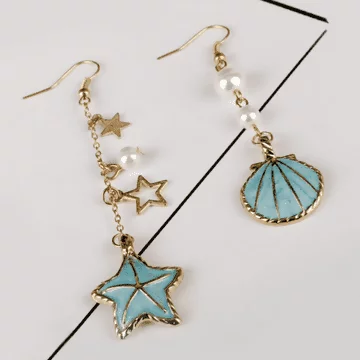 海星貝殼×不對稱吊墜耳鉤×粉綠
