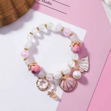 甜美貝殼海洋熱帶魚×固定式串珠手環×嫩粉