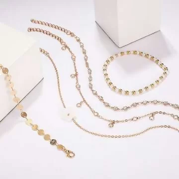 圓鎖片小珍珠花朵×五套件腳鍊組