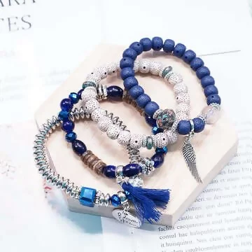 波西米亞字母翅膀流蘇&times;四套件串珠手環組&times;藏藍