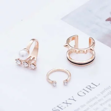 晶鑽鉚釘個性黑線&times;三套件開口戒指