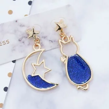 藍色亮片貓咪星月&times;不對稱吊墜耳環