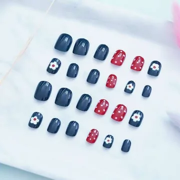 藏藍小花紅點點亮面&times;穿戴式手指甲片&times;二十四入