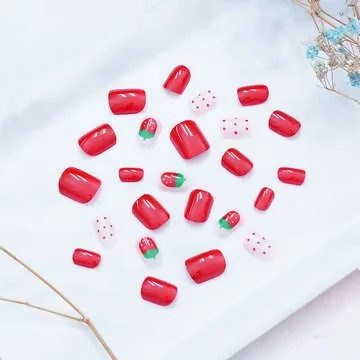 紅草莓甜心亮面×穿戴式手指甲片×二十四入 