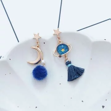 藍色星球絨毛流蘇×吊墜耳環
