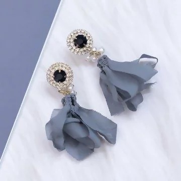 閃鑽灰藍薄紗流蘇&times;吊墜耳環