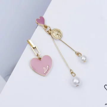 粉紅愛心希臘古幣×不對稱吊墜耳環