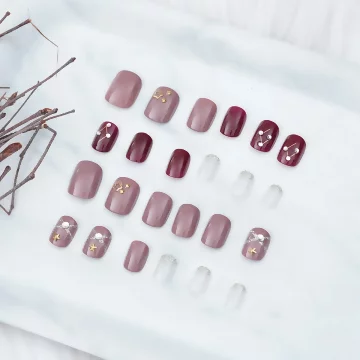 豆沙紅星鑽相連亮面×穿戴式手指甲片×二十四入 