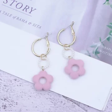 粉花植絨圓環珍珠×吊墜耳環