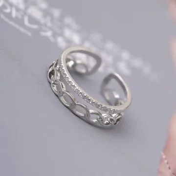 925銀飾&times;結辮雙層晶鑽&times;開口戒指