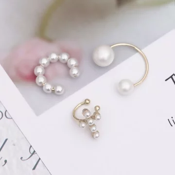 潮珍珠十字×單邊三套件U型耳骨夾組