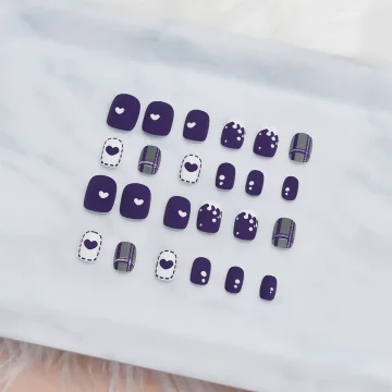 紫心牛奶灰格紋霧面×穿戴式手指甲片×二十四入