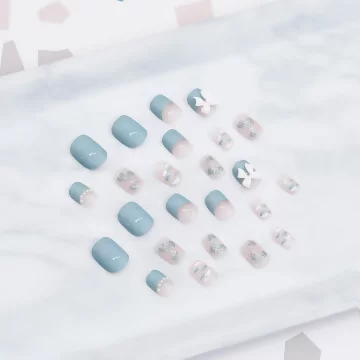 煙藍珍珠領結雲朵亮面×穿戴式手指甲片×二十四入