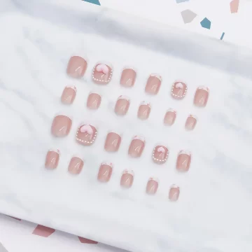 珍珠圍繞愛心粉色亮面×穿戴式手指甲片×二十四入