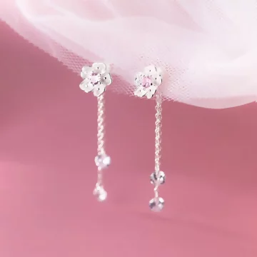 925銀針&times;粉櫻垂鑽&times;後掛式耳針
