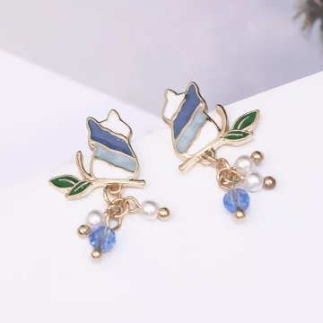 藍白漸層枝葉小貓咪&times;吊墜耳環