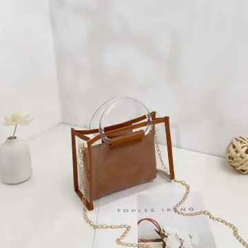 雙層可拆透明提把&times;鍊條斜背包&times;棕咖