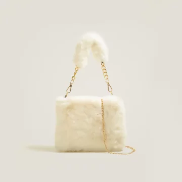 手提小巧毛絨絨×鍊條斜背包×米白