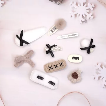 白咖黑領結毛毛×十套件髮夾組