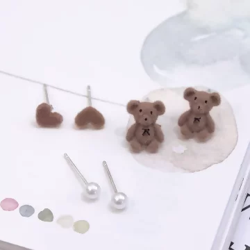 絨毛小熊愛心珍珠&times;三套件耳環組