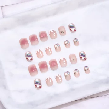 彩虹蜜桃小花亮面×穿戴式手指甲片×二十四入