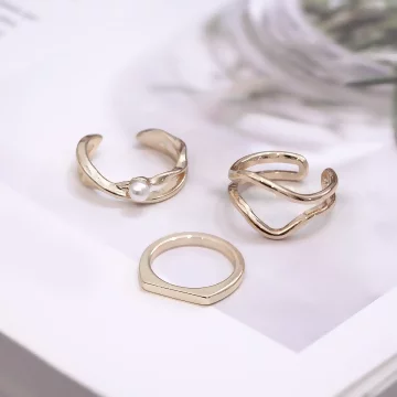 金色線條不規則珍珠&times;三套件戒指組