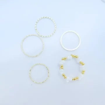 白金米珠&times;五套件戒指組&times;金色