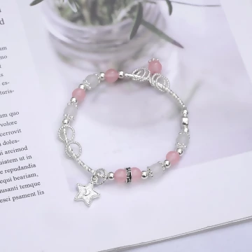 粉色琉璃細彎管星星&times;固定式串珠手鍊