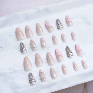 銀粉星光蝴蝶結亮面&times;穿戴式手指甲片&times;二十四入