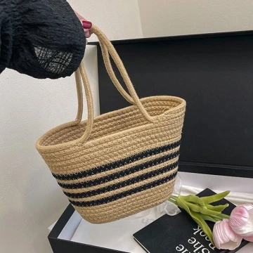 黑線條棉繩編×手提袋×卡其