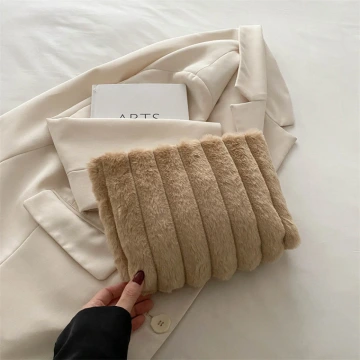 毛絨絨條紋×化妝包×卡其