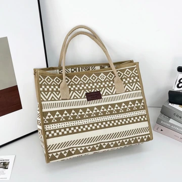 民族風線條圖騰印花×手提袋×卡其色