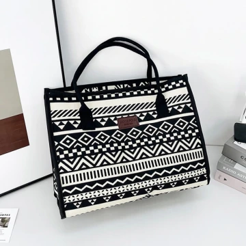 民族風線條圖騰印花&times;手提袋&times;黑色
