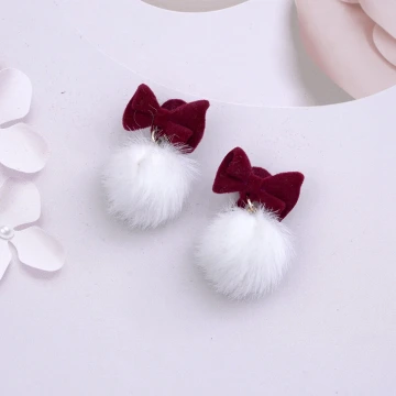 紅絲絨蝴蝶結毛球×蚊香盤U型耳夾