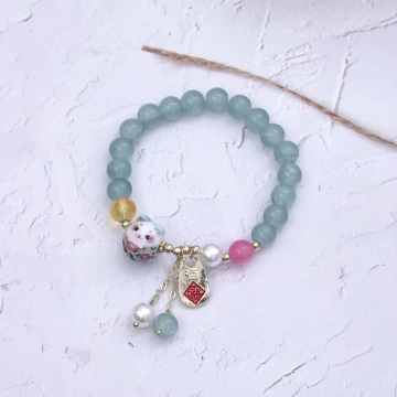 水藍有福御守貓×固定式串珠手鍊