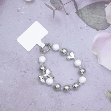 銀色蝴蝶結愛心白珠×手機腕帶掛繩