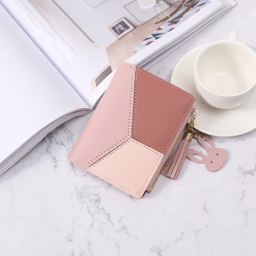 撞色拼接皮革&times;對折拉鍊短皮夾&times;粉紅