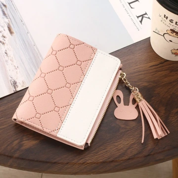 菱紋壓線&times;對折拉鍊短皮夾&times;粉紅