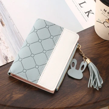 菱紋壓線&times;對折拉鍊短皮夾&times;藍色