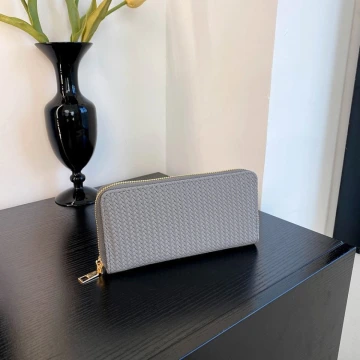 細編交織紋×拉鍊長皮夾×灰色