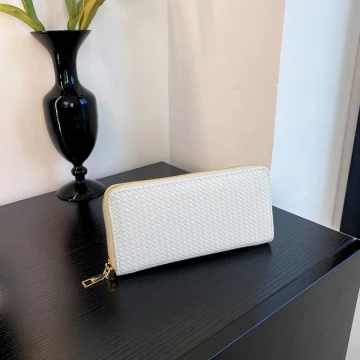 細編交織紋&times;拉鍊長皮夾&times;白色
