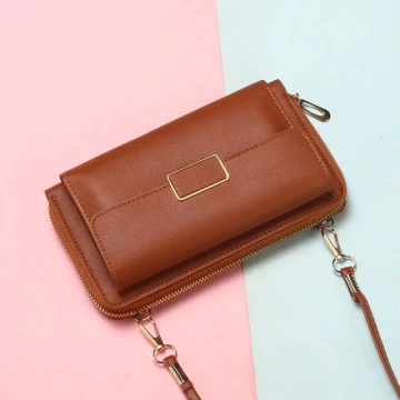 雙層口袋皮革&times;可斜背&times;手機拉鍊長皮夾&times;棕咖