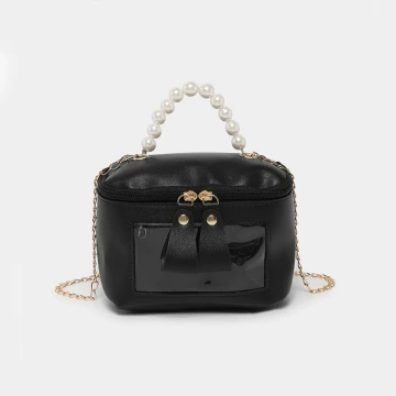 珍珠提把透明小窗晒娃立體包&times;斜背包&times;黑色