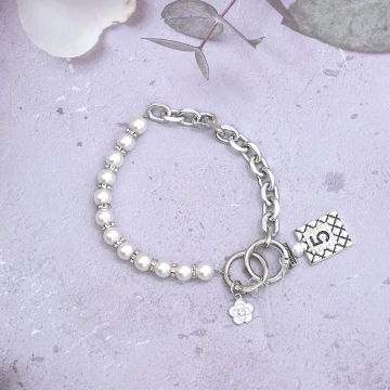 大珍珠香水5號鍊條&times;手機腕帶掛繩&times;銀色