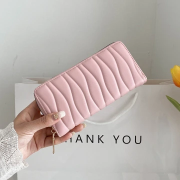 不規則波紋線條×拉鍊長皮夾×粉紅