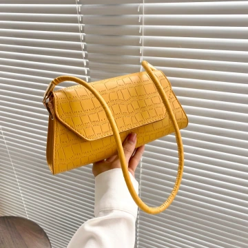 法式梯型鱷魚紋素色&times;肩背包&times;黃色