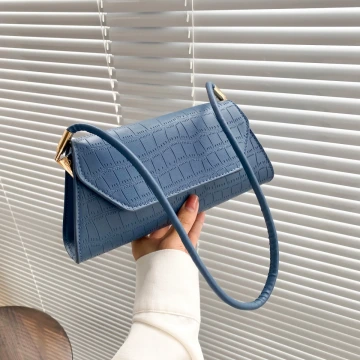 法式梯型鱷魚紋素色×肩背包×藍色