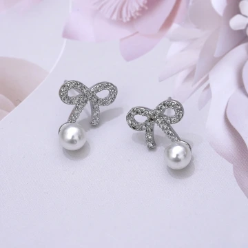925銀針×珍珠晶鑽蝴蝶結×耳針