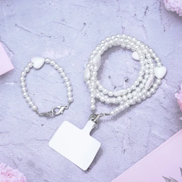 白珍珠小愛心×兩用手機繩×斜背繩×掌上提繩