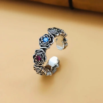 美式&times;復古&times;8鑽玫瑰&times;開口戒指&times;中性戒